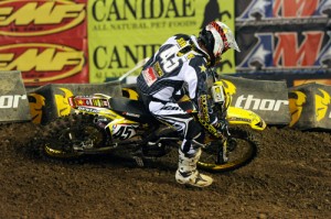Austin Stroupe Austin Stroupe got the holeshot in Heat #2 and the Main Event with his Rockstar Makita Suzuki RM-Z450.