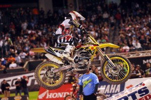 Austin Stroupe got the holeshot in his heat race, and he finished seventh overall in the Supercross class on Saturday night. 