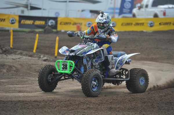 Sam Rowe on his Root River Racing : Motowoz-backed ATV, dressed in ITP tires, won the 450A class at round four of the 2014 Mtn. Dew ATV MX National Championship Series held in Illinois.